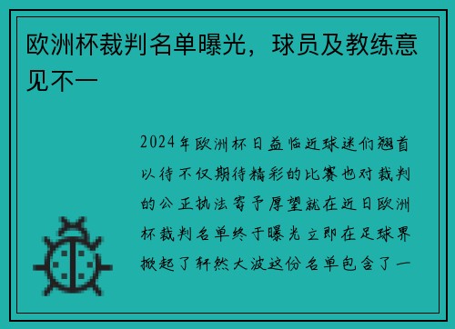 欧洲杯裁判名单曝光，球员及教练意见不一